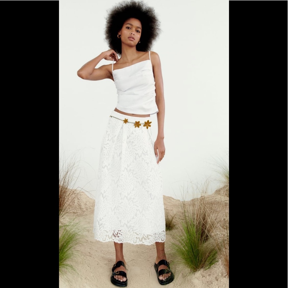Zara embroidered eyelet midi skirt